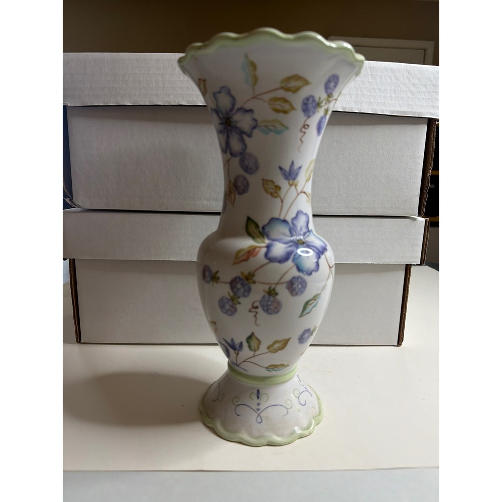 Tracy Porter for FTD Ceramic Floral Bud Vase Blue Flowers Purple Berries Scallop